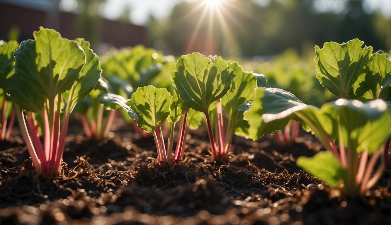 Rhubarb plants receive sunlight while being watered and mulched in a garden bed