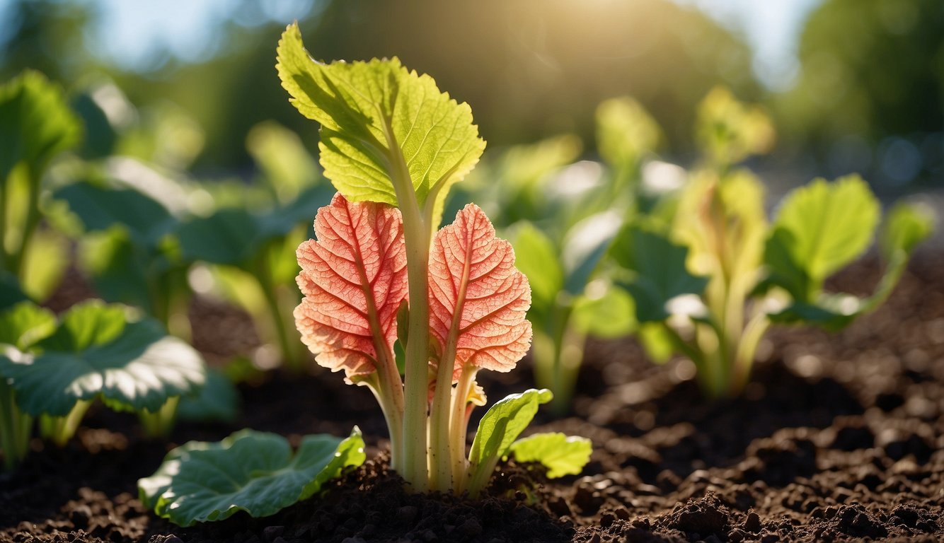 A rhubarb plant thrives in partial shade with at least 6 hours of sunlight. It requires well-drained soil and regular watering to grow successfully