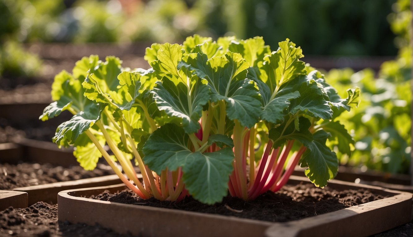 A vibrant rhubarb plant basks in the sunlight of a well-tended home garden, thriving in the warm rays and benefiting from the ample sunshine