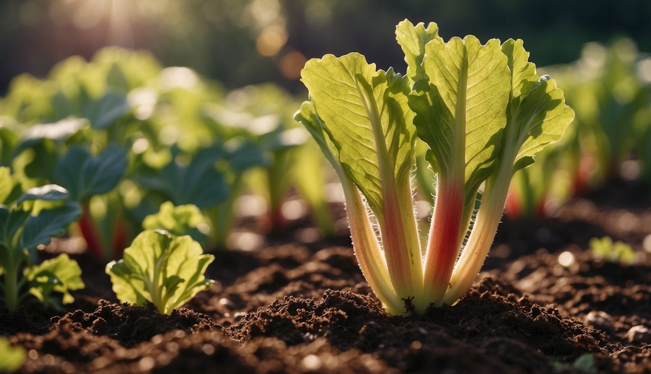 Rhubarb thriving in a sunlit garden, surrounded by sustainable practices like composting and rainwater collection