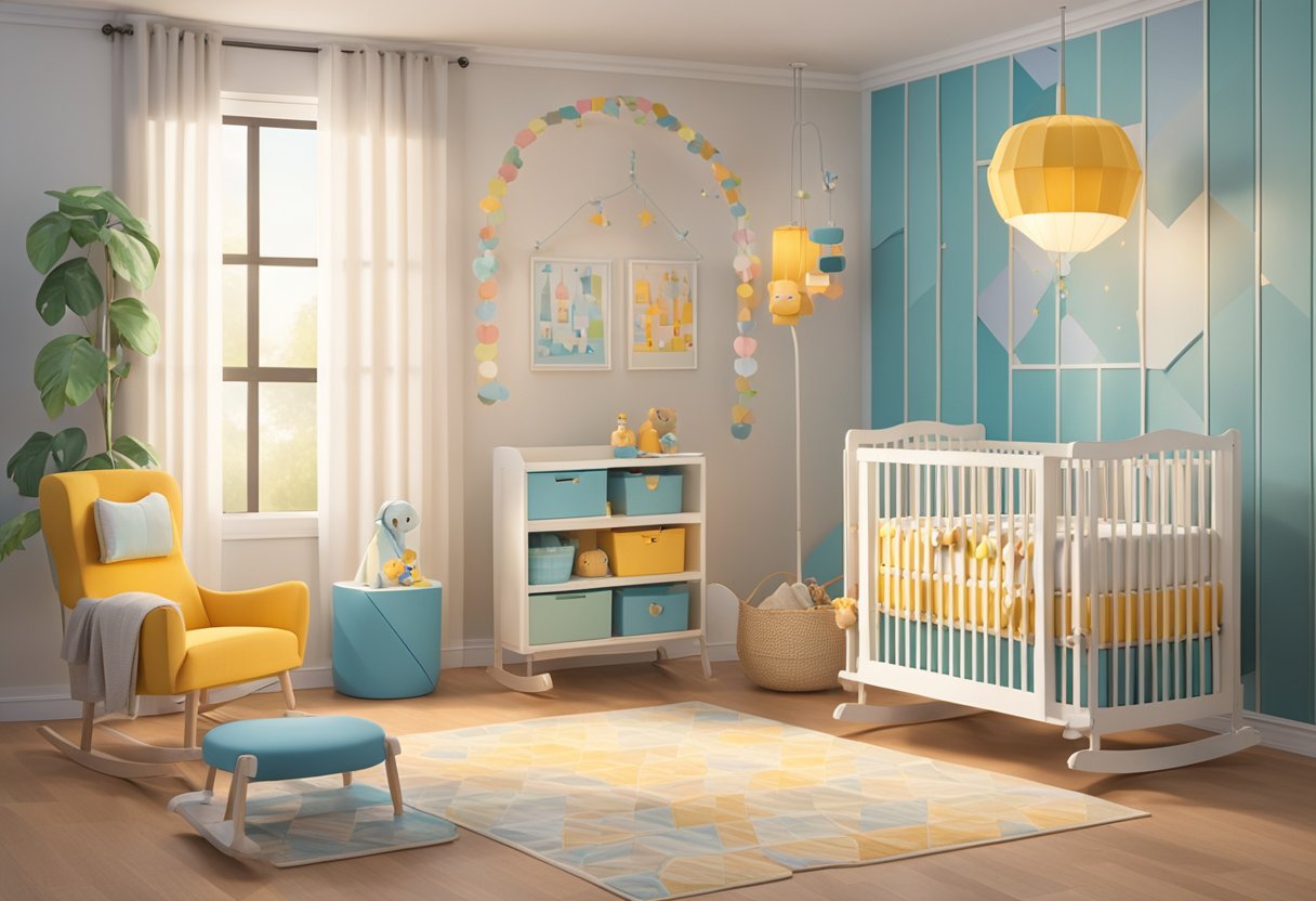 A nursery filled with colorful name blocks, a cozy rocking chair, and a delicate mobile hanging above a crib