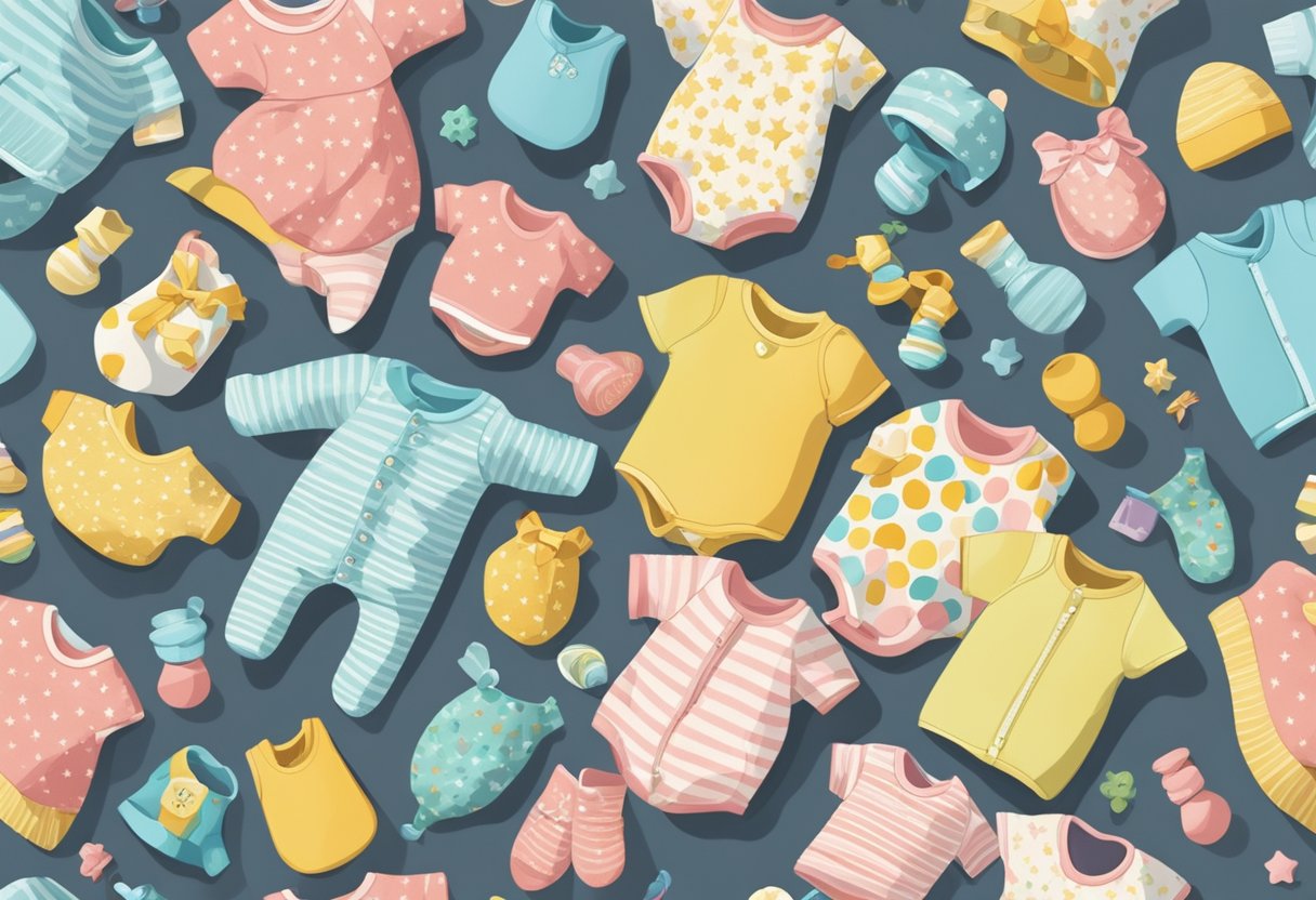 A colorful array of baby items, like rattles, blankets, and onesies, arranged in a playful and whimsical display