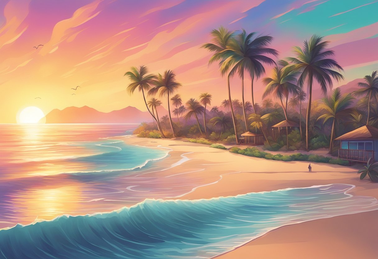 A serene beach with gentle waves, palm trees swaying in the breeze, and a colorful sunset painting the sky