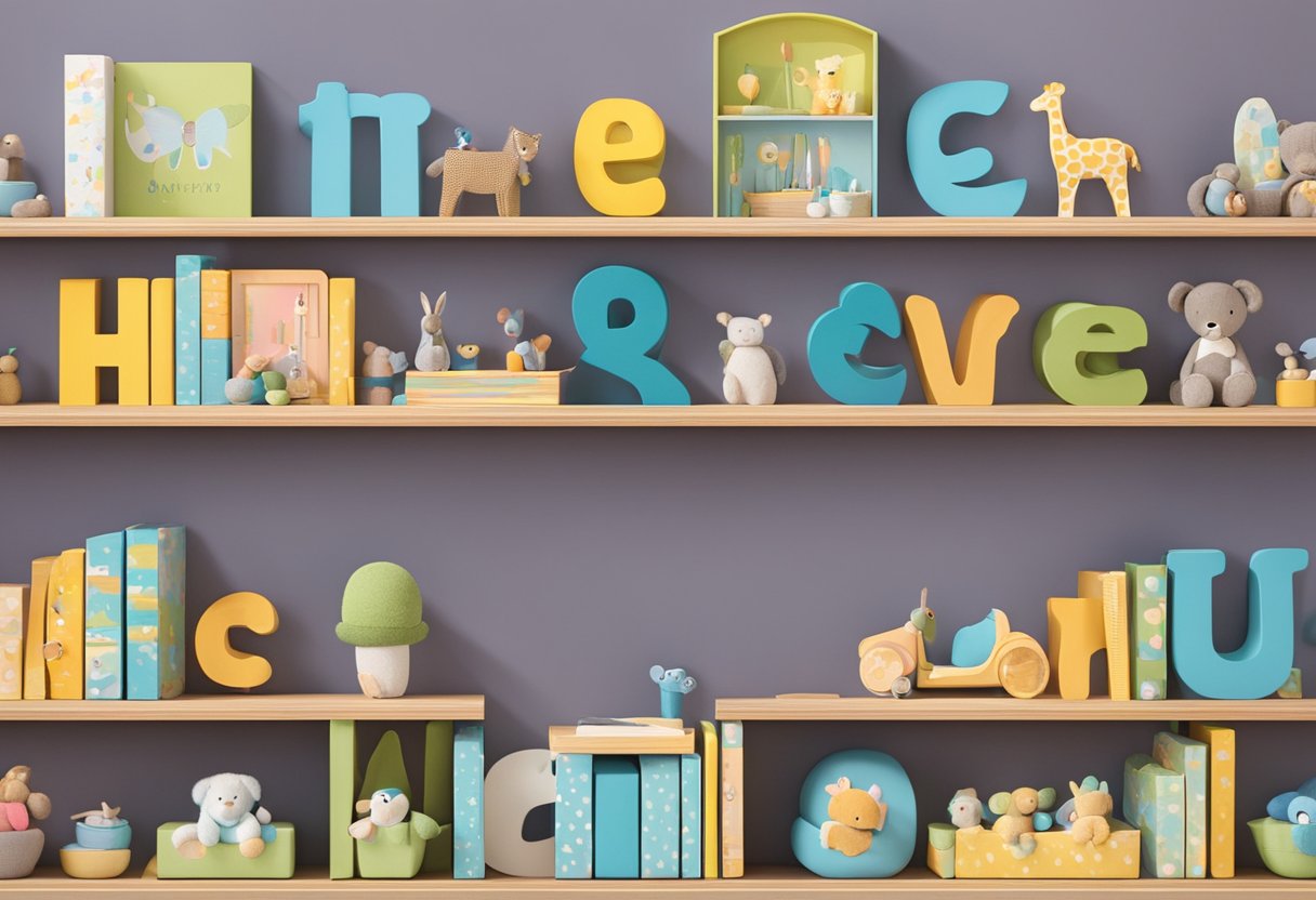 A nursery shelf displays baby names like Theo in colorful letters and playful designs