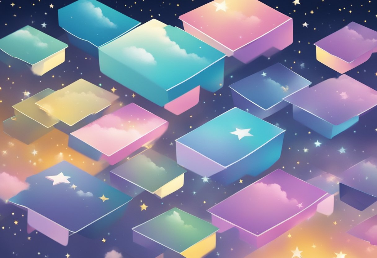A group of colorful name cards floating in a cloud-filled sky, with a trail of sparkles leading towards a shining star