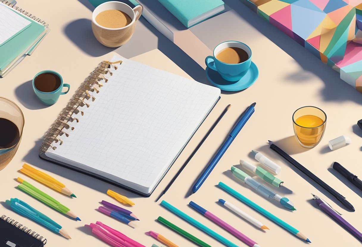 A notebook filled with baby names like Theo, surrounded by colorful pens and a cup of coffee