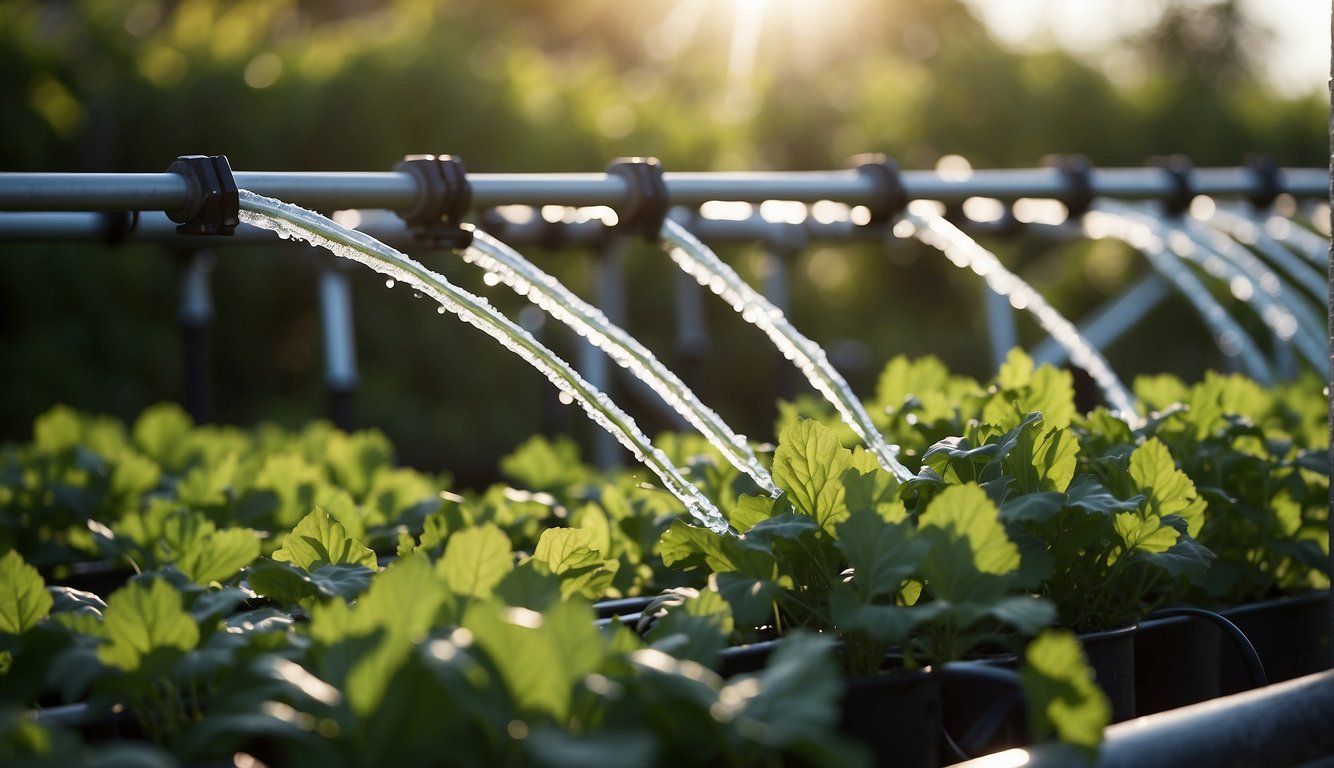 A network of irrigation pipes waters cucumber plants in shaded garden