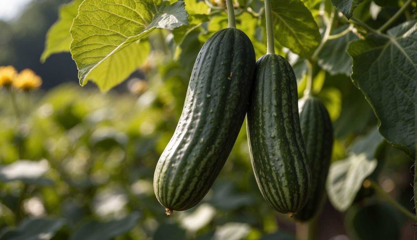 Cucumbers bloom in a shaded garden, attracting bees for pollination. Vines stretch towards sunlight, yielding maximized harvest