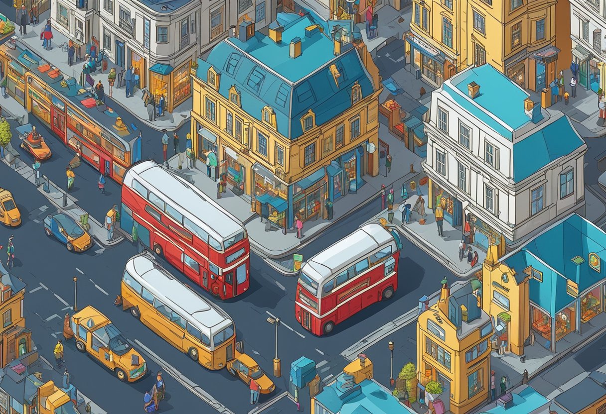 A bustling London street with iconic landmarks in the background, surrounded by vibrant shops and colorful street signs