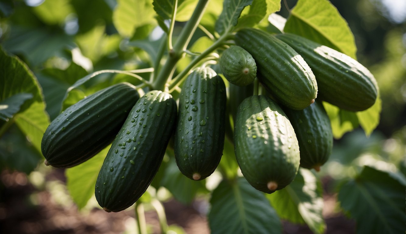Cucumbers thriving in shaded garden, surrounded by lush greenery and dappled sunlight filtering through the leaves