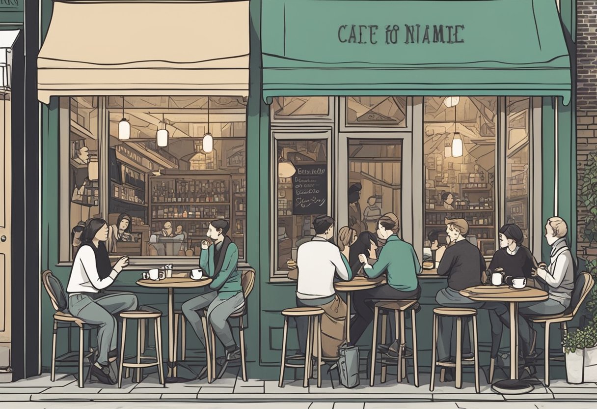 A cozy cafe in London, with a chalkboard sign outside advertising "Tips For Brainstorming The Perfect Name baby names london." Inside, people are sipping coffee and chatting, while a group of friends huddle around a table, deep in discussion