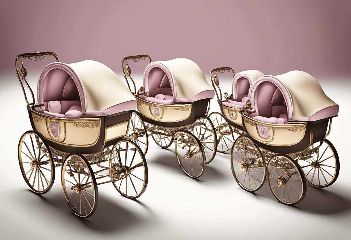 A row of elegant, vintage baby carriages lined up, each adorned with a plaque bearing a long, elaborate baby girl name
