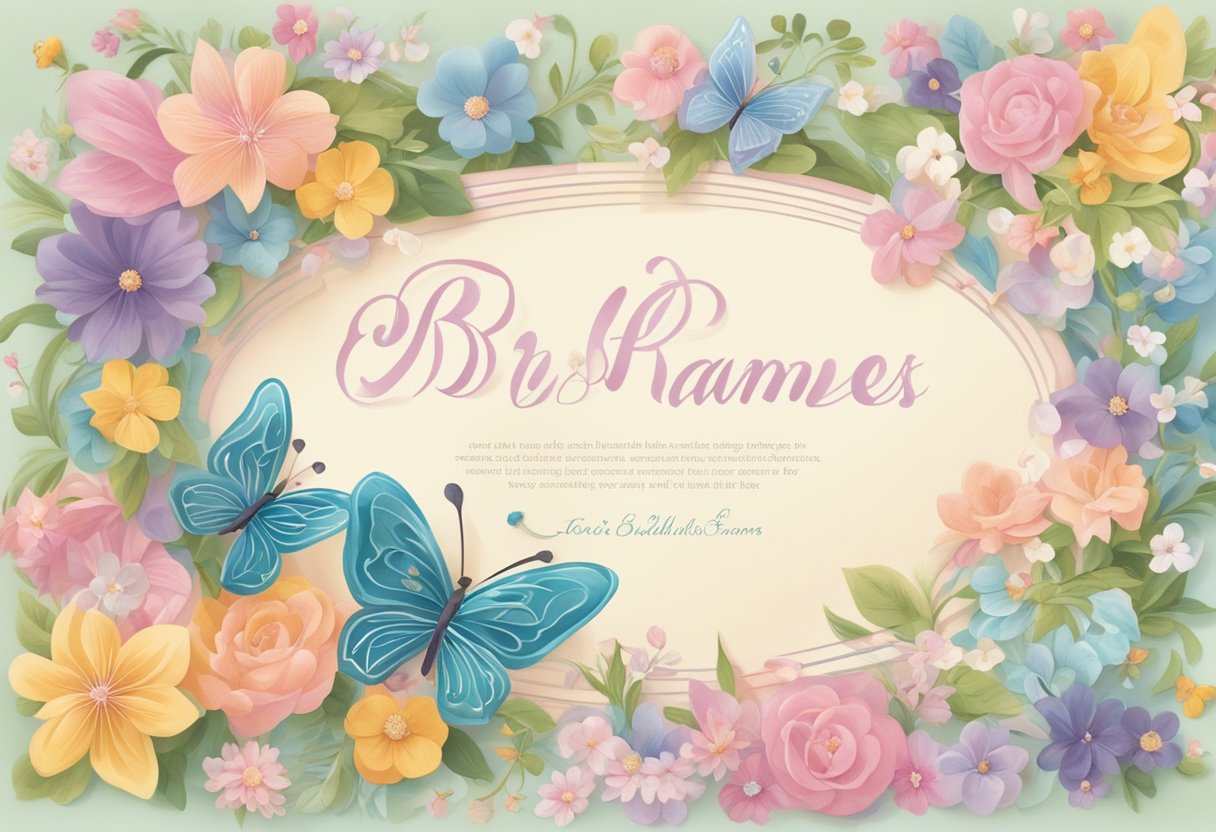 A colorful array of elegant, flowing script spelling out a list of "Best Names" for baby girls, surrounded by delicate floral and butterfly accents