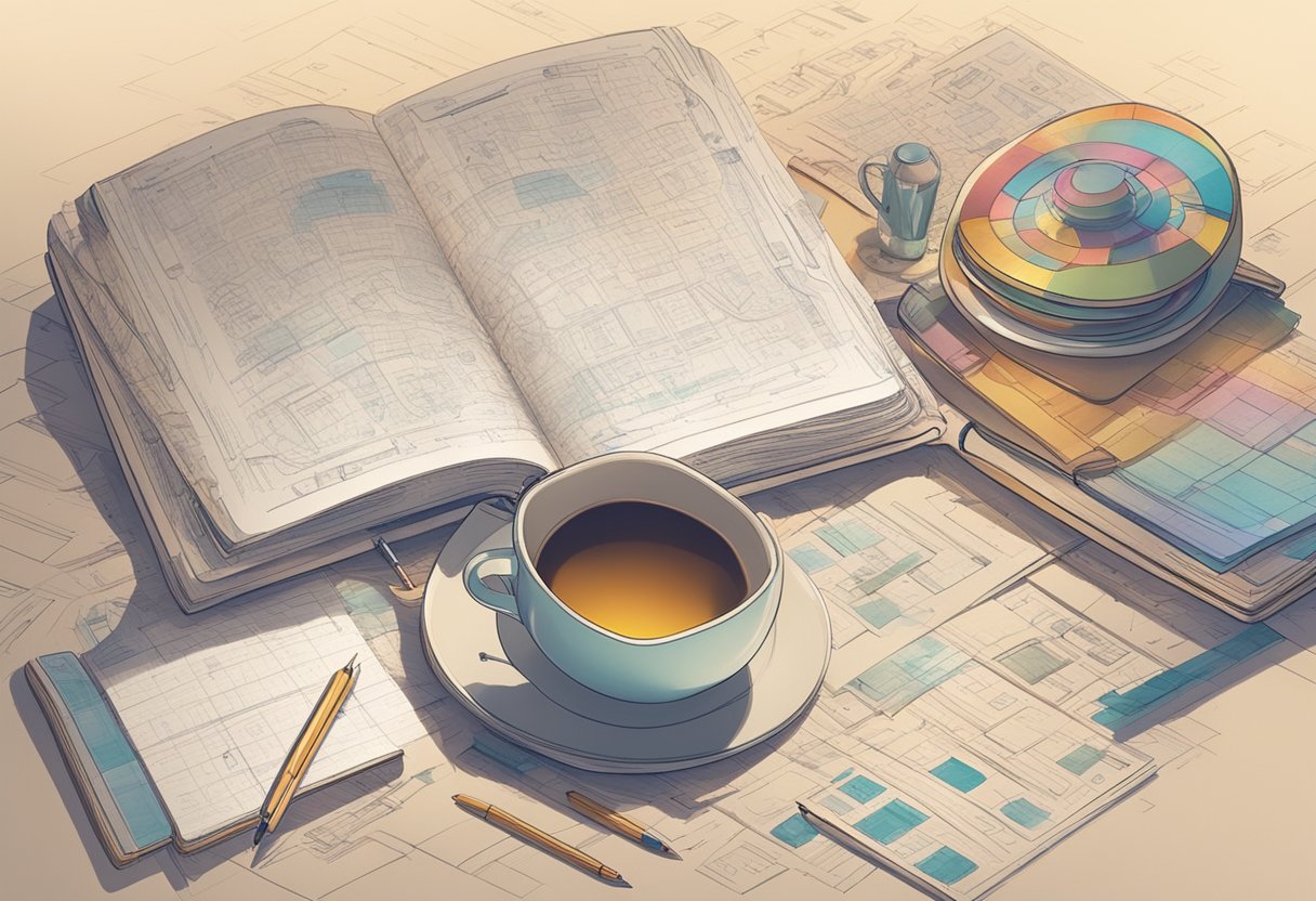 A colorful array of baby name books and a notepad filled with scribbled ideas sit on a cozy desk, surrounded by soft lighting and a cup of steaming tea