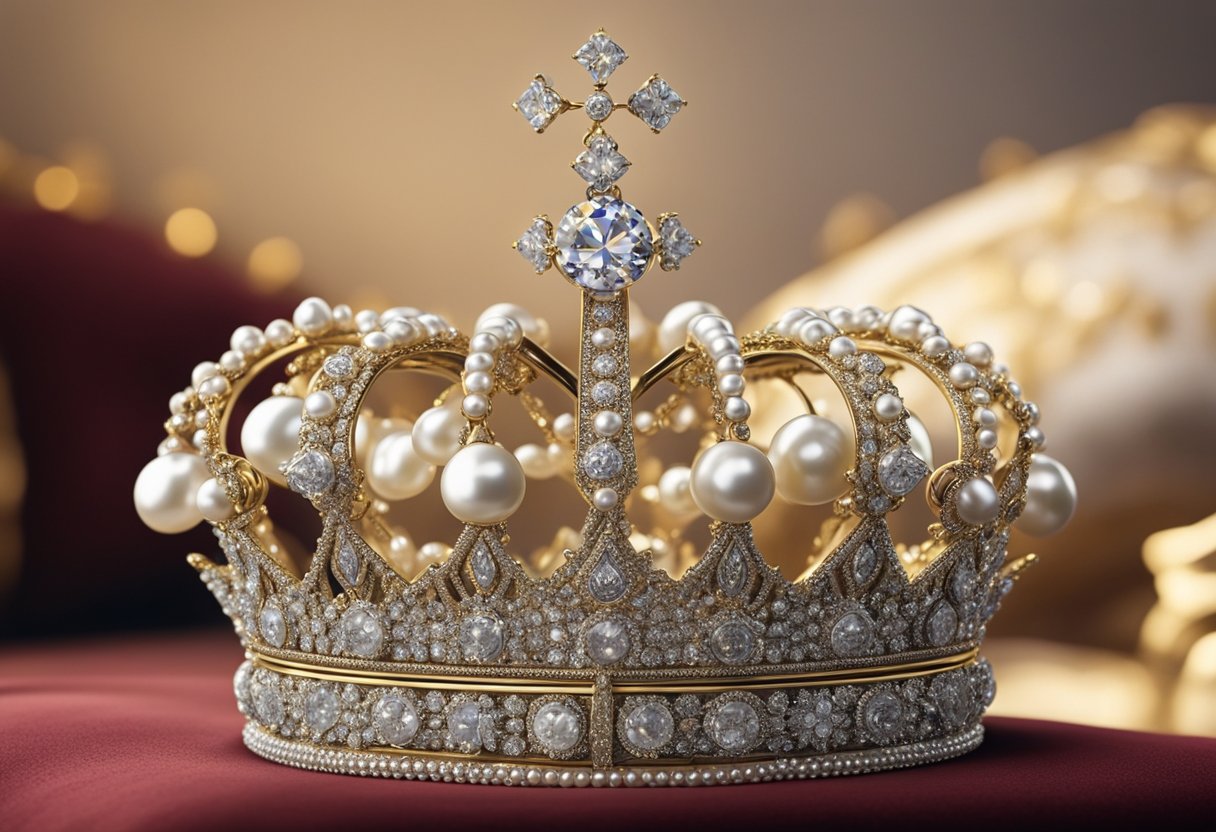 A golden crown sits atop a velvet pillow, surrounded by sparkling diamonds and pearls, with the name "Isabella" elegantly engraved on the base