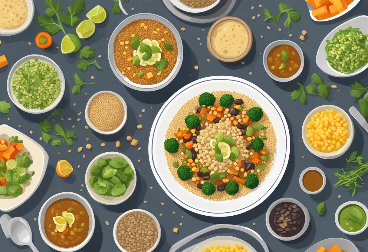 A table with colorful plates of quinoa salad, lentil soup, and tofu stir-fry, surrounded by fresh vegetables and grains