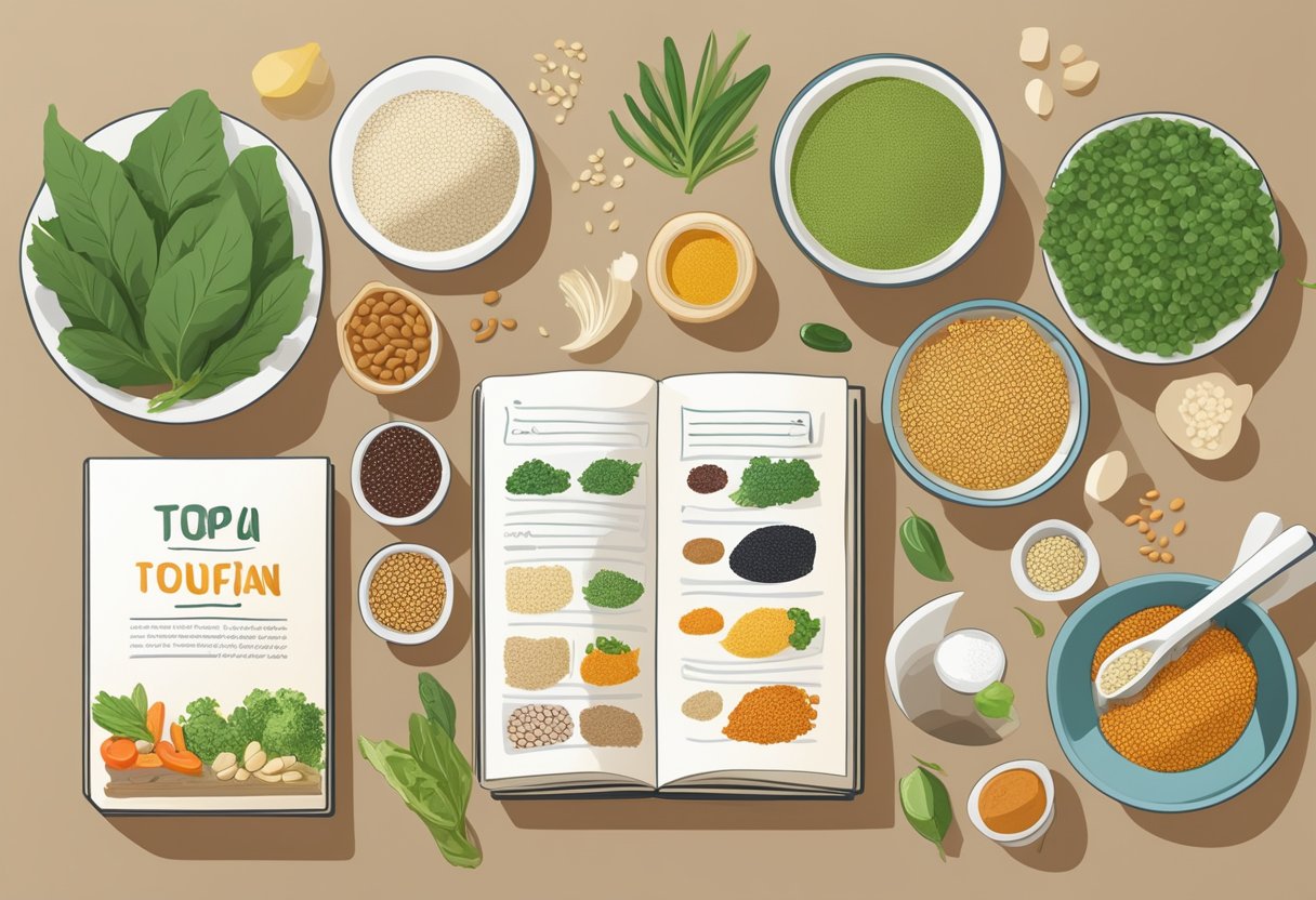 A variety of plant-based ingredients like tofu, lentils, quinoa, and beans are spread out on a kitchen counter, with recipe books open to pages featuring high-protein vegan and vegetarian dishes