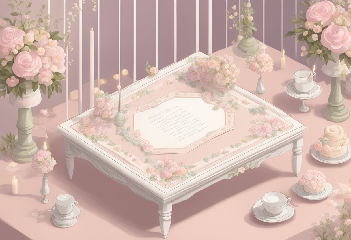 A table with a list of elegant baby girl names, surrounded by delicate floral decorations and soft, pastel-colored fabrics