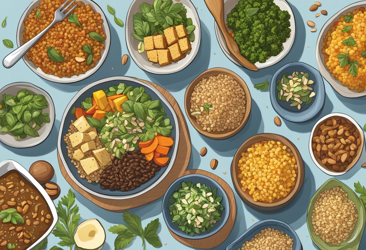 A table spread with colorful, plant-based dishes like quinoa salad, lentil stew, and tofu stir-fry. Bowls of nuts and seeds add extra protein