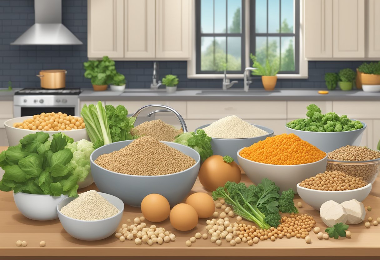 A kitchen counter with a variety of plant-based protein sources such as tofu, quinoa, lentils, and chickpeas, along with fresh vegetables and herbs