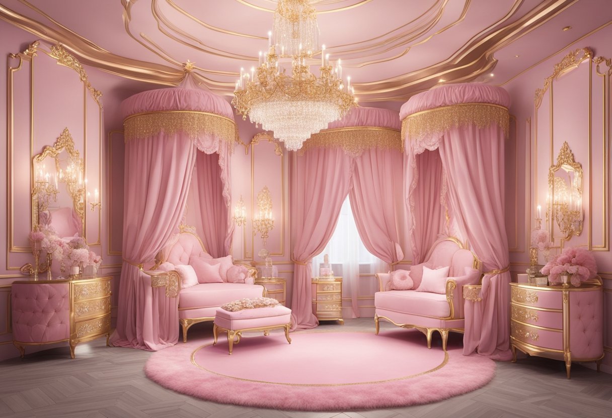 A regal nursery with plush pink decor, adorned with gold accents and crystal chandeliers, exuding an air of opulence and sophistication