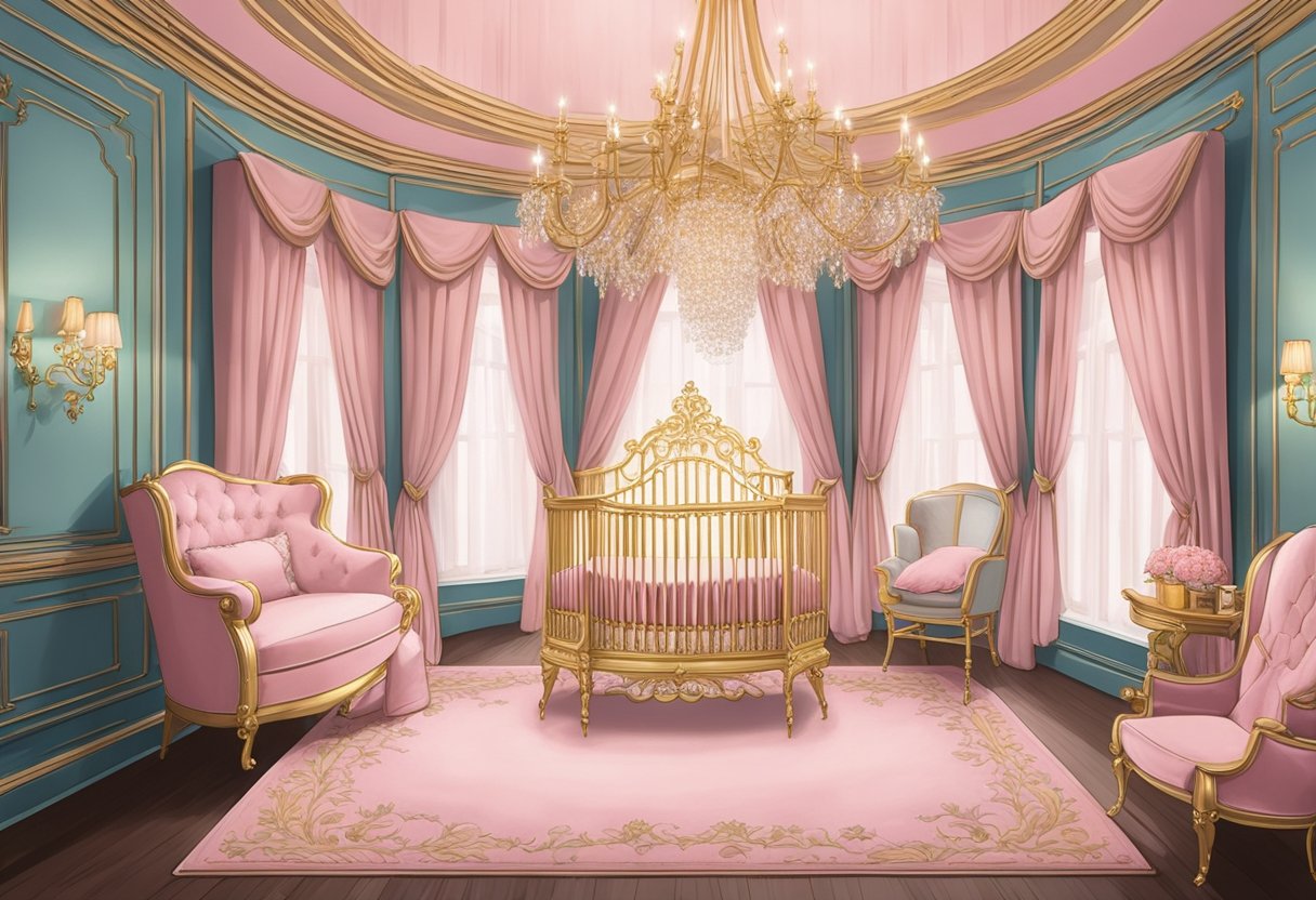 A lavish nursery with a crystal chandelier, silk drapes, and a plush velvet rocking chair. A gold-trimmed crib sits in the center, adorned with a canopy and fluffy pink bedding