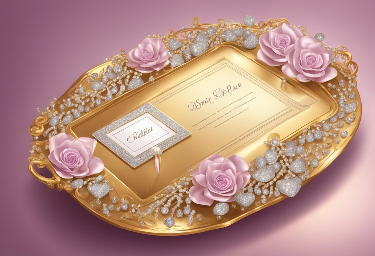 A luxurious, elegant baby girl name list displayed on a golden platter with sparkling diamonds and silk ribbons