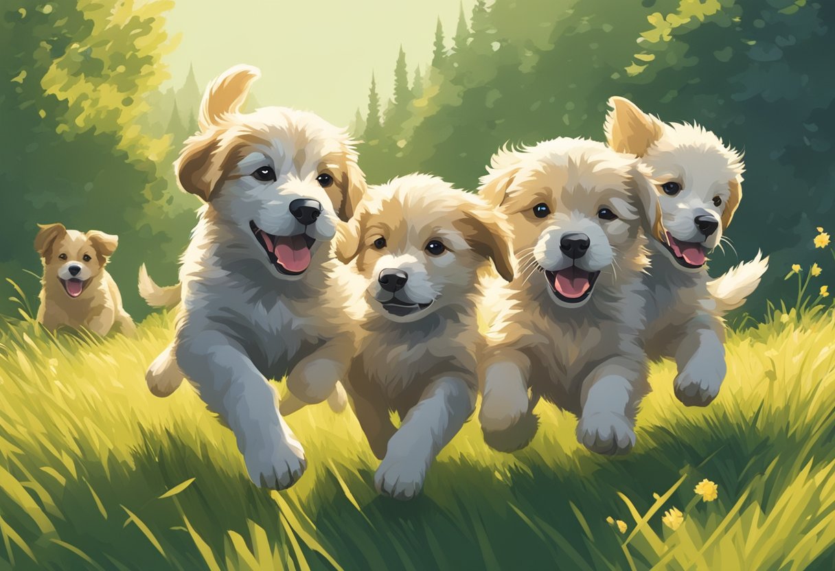 A group of playful puppies romp in a sunlit meadow, chasing each other and rolling in the grass