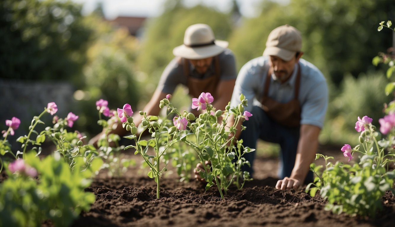 A gardener plants sweet pea shrubs in well-drained soil, providing support for climbing vines