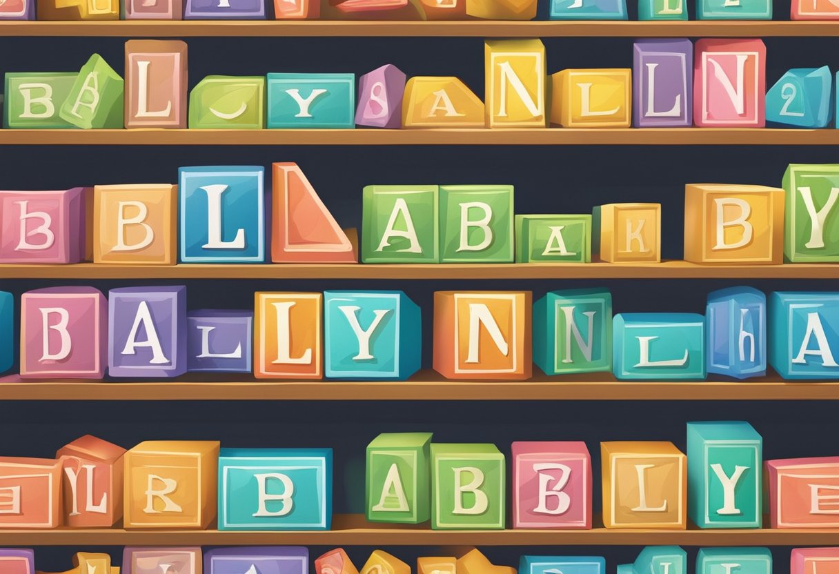 A row of colorful baby name blocks, including "Lynn," arranged on a shelf