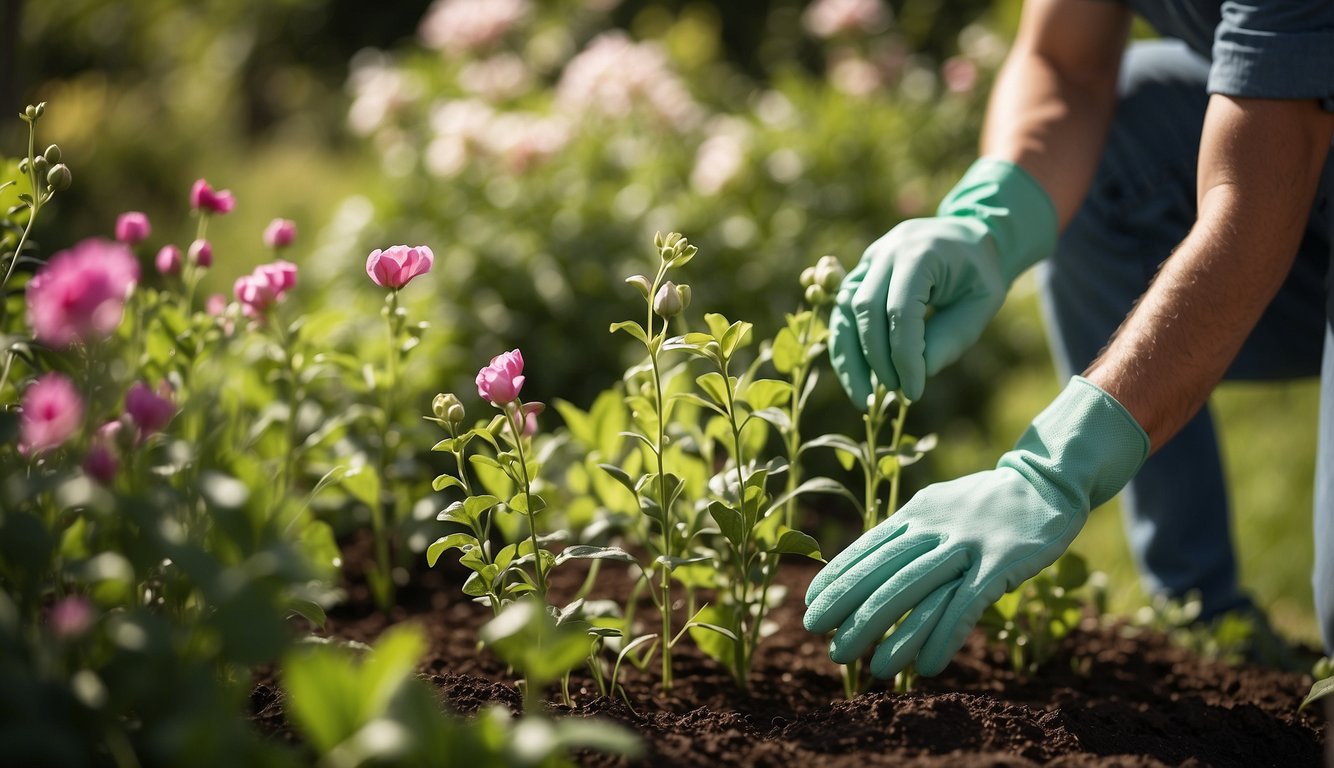 A pair of gardening gloves carefully tends to sweet pea shrubs, pruning and watering them in a sun-dappled garden