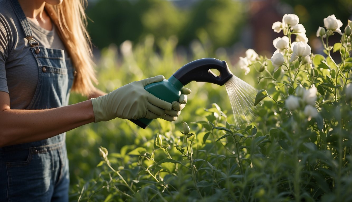 Sweet pea shrub care: Pruning, watering, and fertilizing. A gardener tending to the plant with shears, a watering can, and a bag of fertilizer nearby