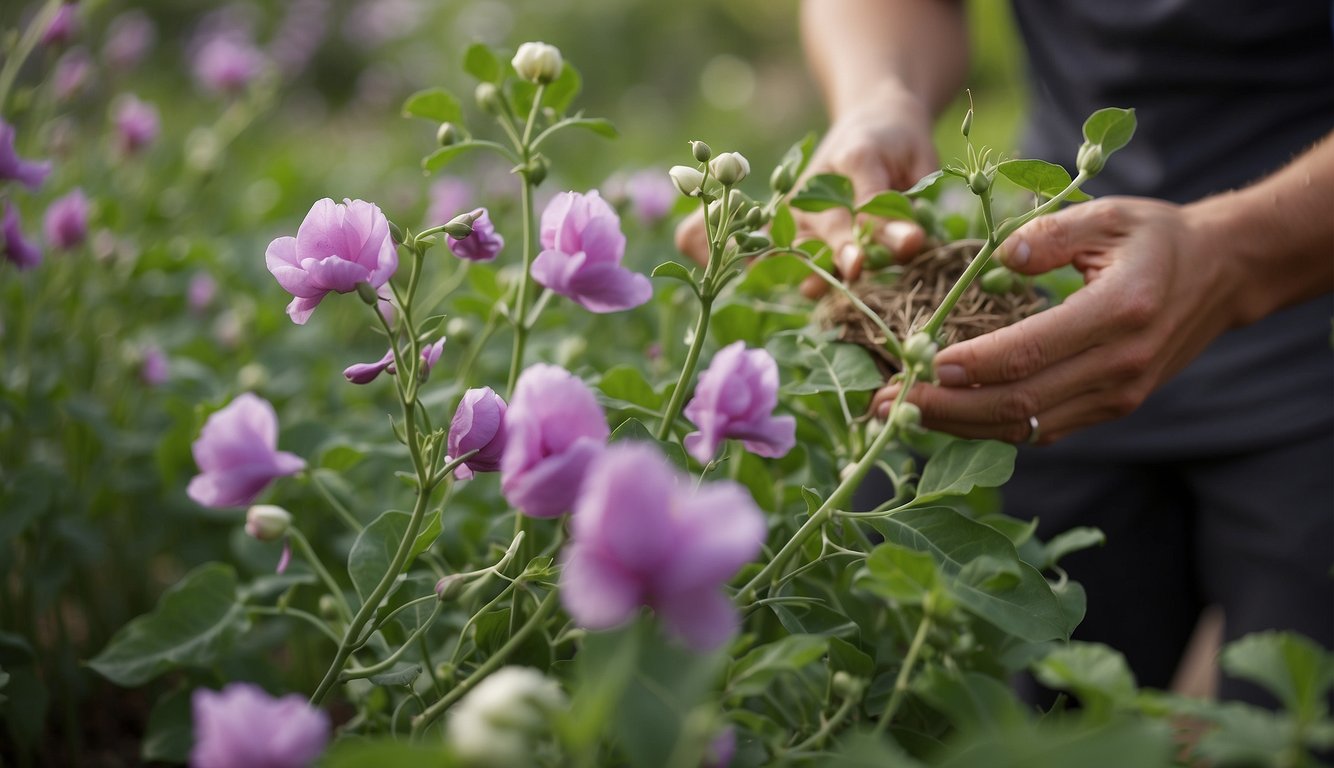 A gardener gently prunes a sweet pea shrub, removing dead blooms and shaping the plant for healthy growth