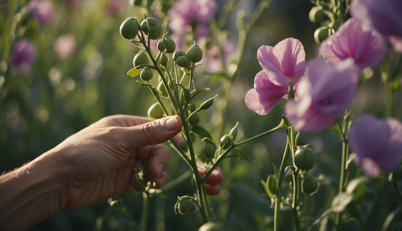 Gardener picks ripe sweet peas, then uses them in a bouquet