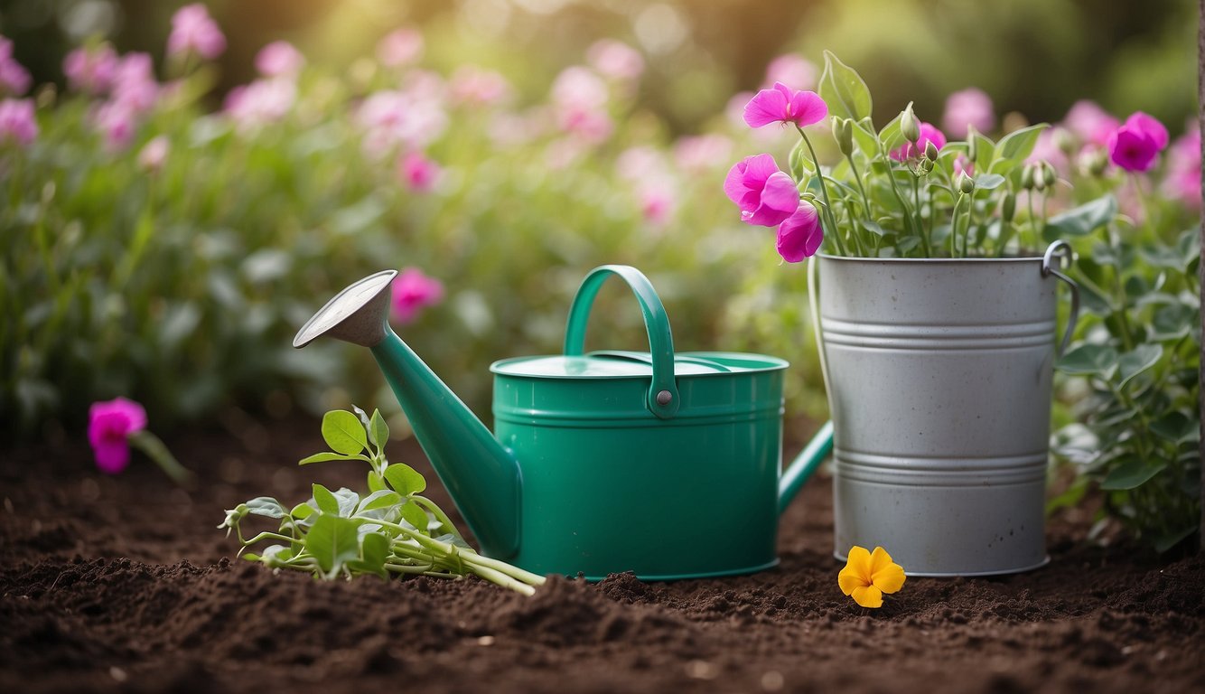 A pair of gardening gloves, a watering can, and a bag of fertilizer sit next to a healthy sweet pea shrub in a well-maintained garden bed