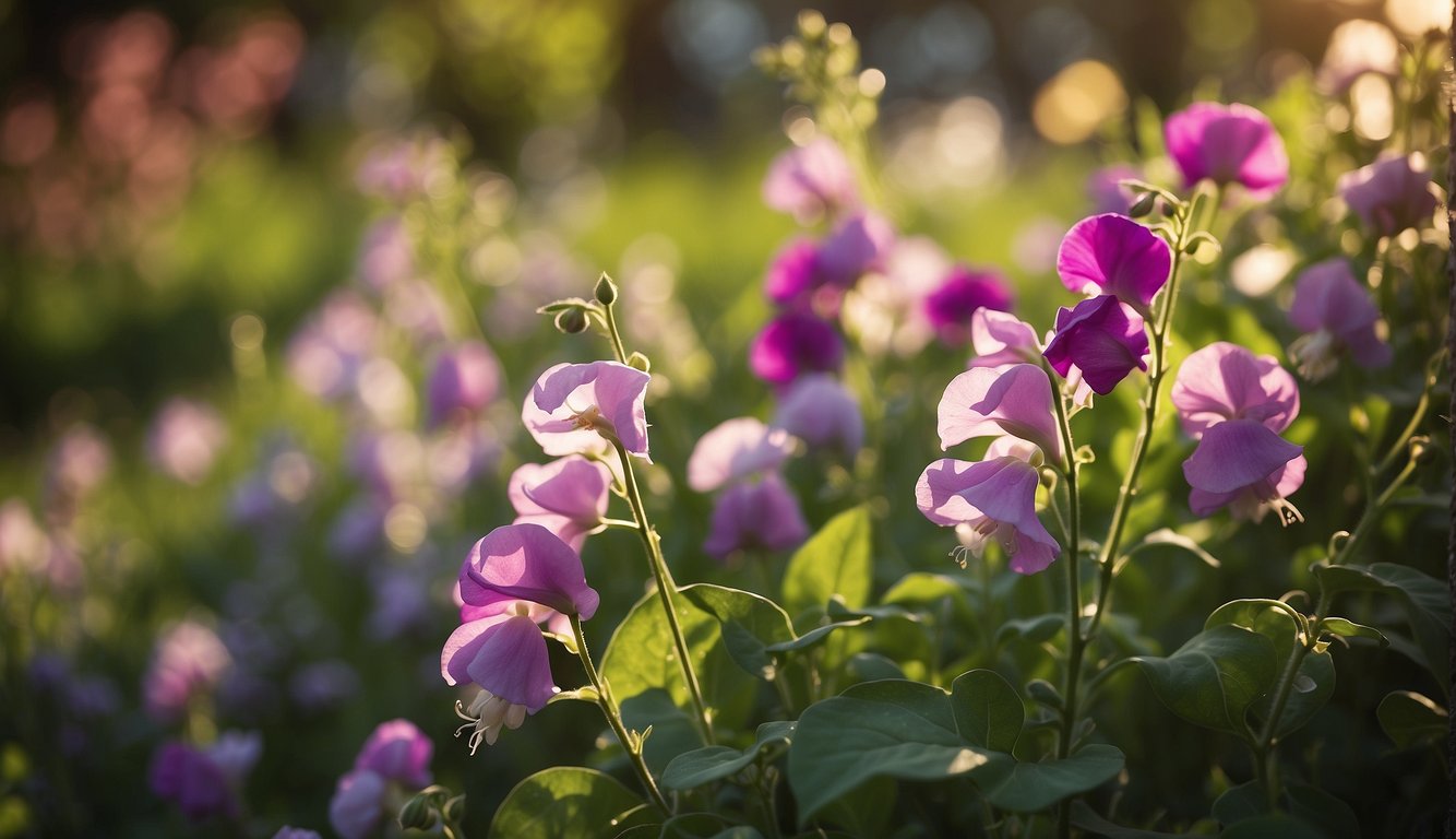 A sweet pea shrub stands in a well-tended garden, surrounded by rich, fertile soil. The sun shines down, casting a warm glow on the vibrant green leaves and delicate, fragrant flowers
