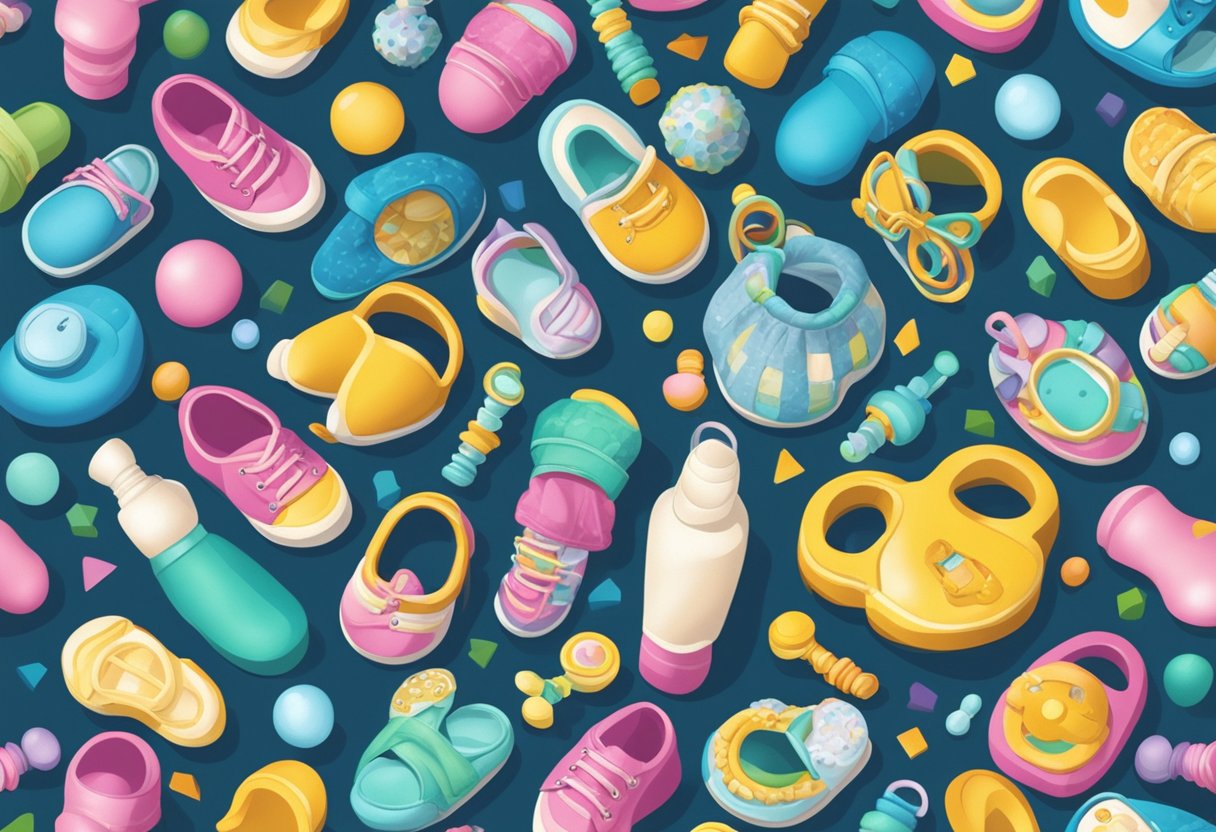 A colorful array of baby items surrounds the name "Lynn," including rattles, pacifiers, and tiny shoes