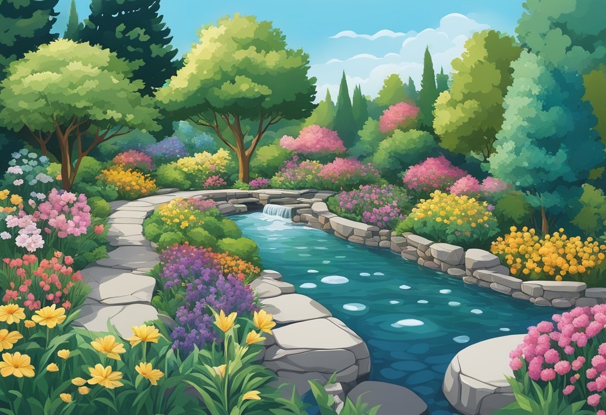 A serene garden with colorful flowers and a gentle stream flowing by