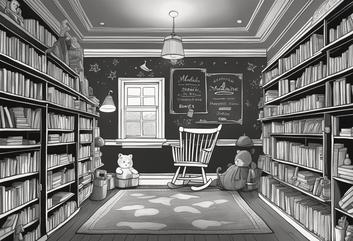 A nursery filled with books titled "Madeline" and a chalkboard with the name written in cursive