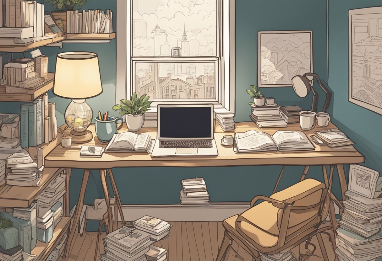 A cozy study with a desk cluttered with baby name books, a warm cup of tea, and a notepad filled with scribbled ideas