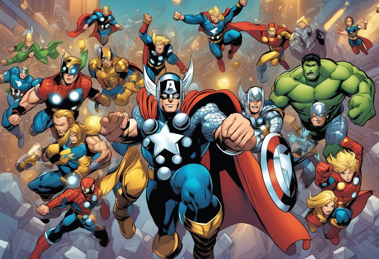 Colorful comic book characters with dynamic poses and speech bubbles displaying popular baby names like "Marvel" and "Thor."