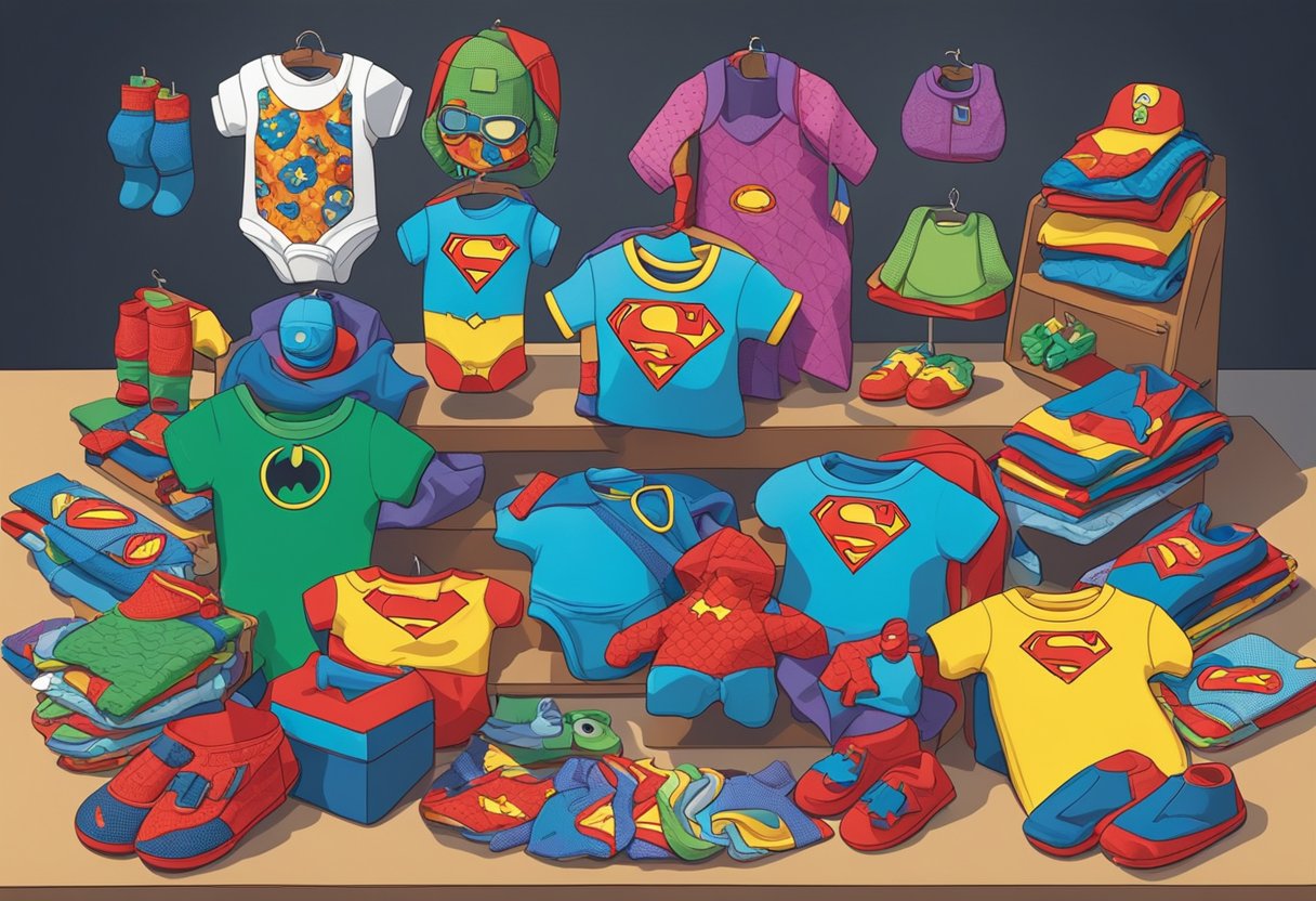 A collection of superhero-themed baby items, including onesies, bibs, and blankets, are arranged in a colorful and eye-catching display