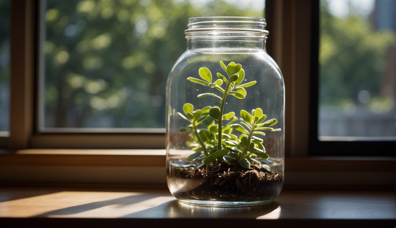 A glass jar filled with water sits on a sunny windowsill. Several jade plant clippings are submerged in the water, with small roots beginning to emerge from the stems