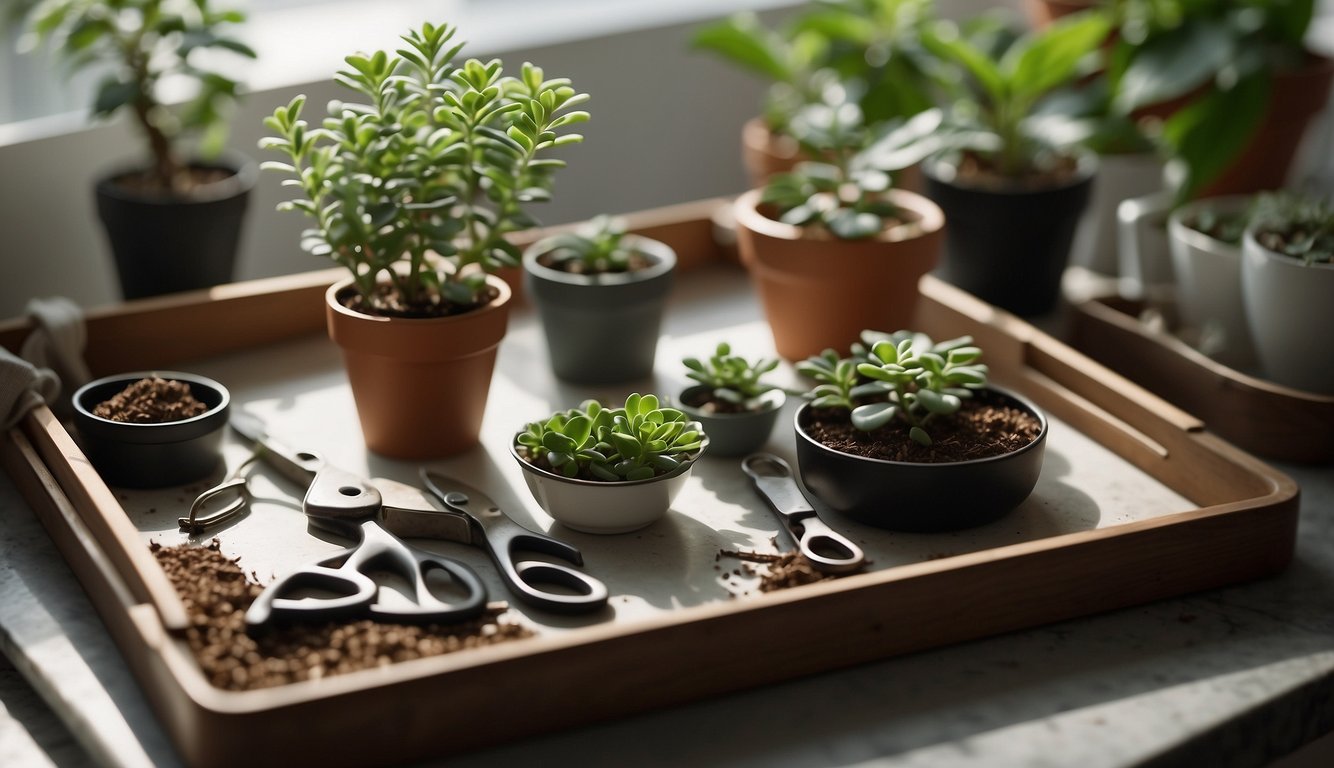 Jade plant clippings arranged on a tray with soil, water, and small pots nearby. A pair of gardening scissors and a clean workspace
