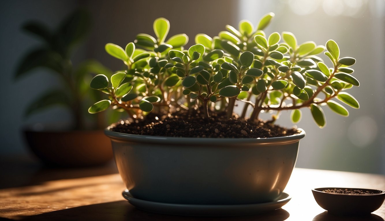 Healthy jade plant clippings in a pot with well-draining soil, placed in a bright, indirect light setting with occasional misting