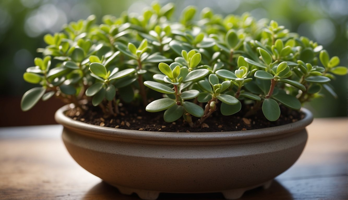 Lush jade plant clippings arranged in a decorative pot, surrounded by healthy, vibrant foliage and blooming flowers