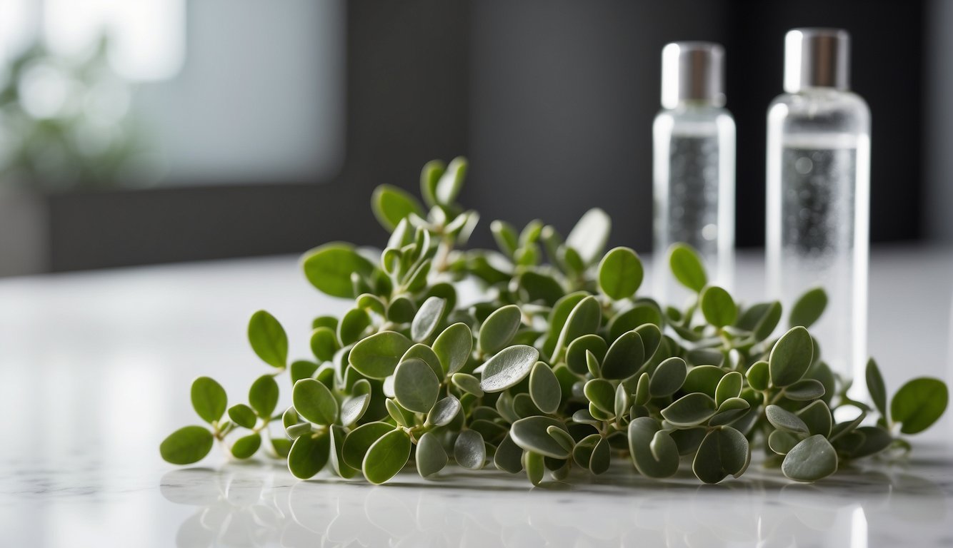 Jade plant clippings arranged on a clean, white surface with a pair of sharp scissors nearby. A small spray bottle of water sits next to the clippings