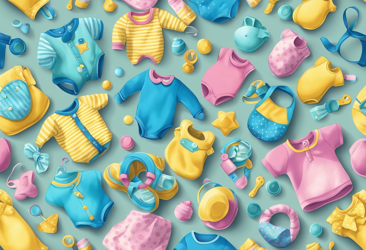 A collection of colorful baby items, such as rattles, onesies, and bibs, arranged in a playful and whimsical manner