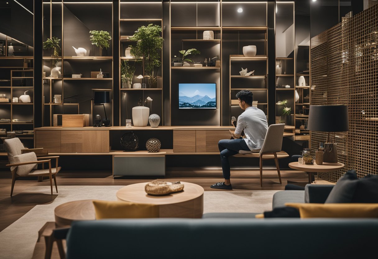 A customer browsing through a wide selection of furniture pieces on a sleek and modern online furniture shop in Singapore