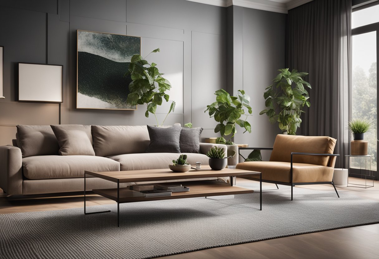A cozy living room with modern furniture, a sleek coffee table, and a comfortable sofa. A seamless shopping experience with easy navigation and helpful aftercare services